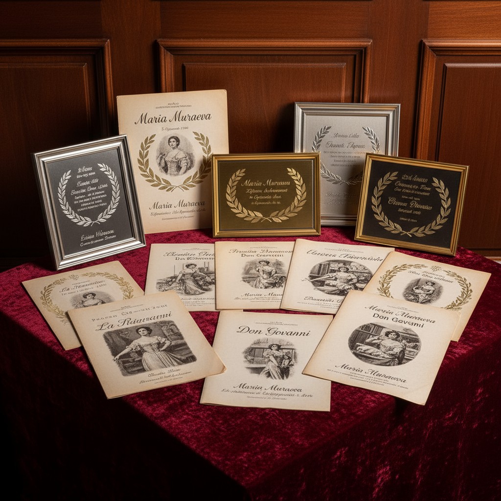 Various framed documents, possibly paintings, showcasing different women on them, are arranged on a red velvet tablecloth,...