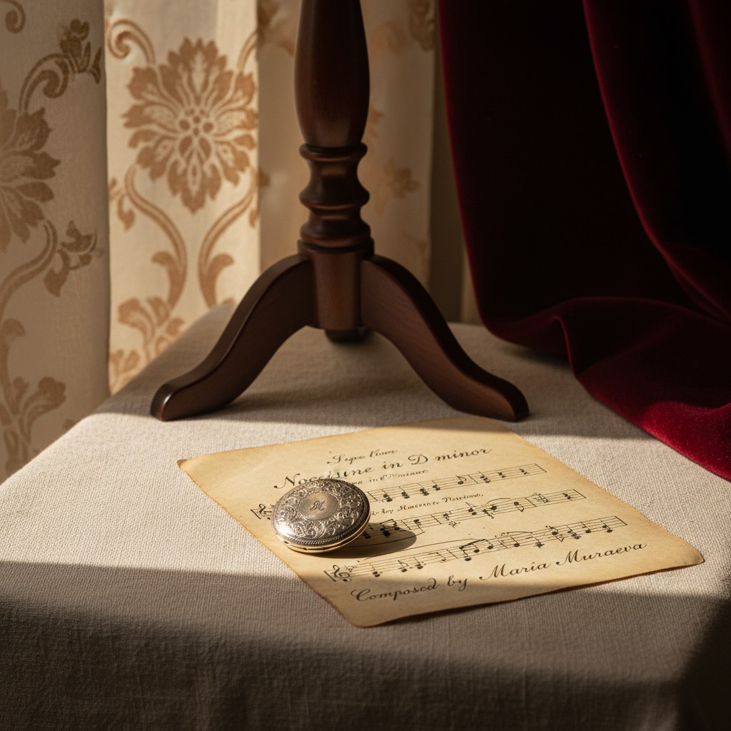 Sheet of music sitting on a table under the beam of sunlight With a silver and ornamented oval box resting on the music In...