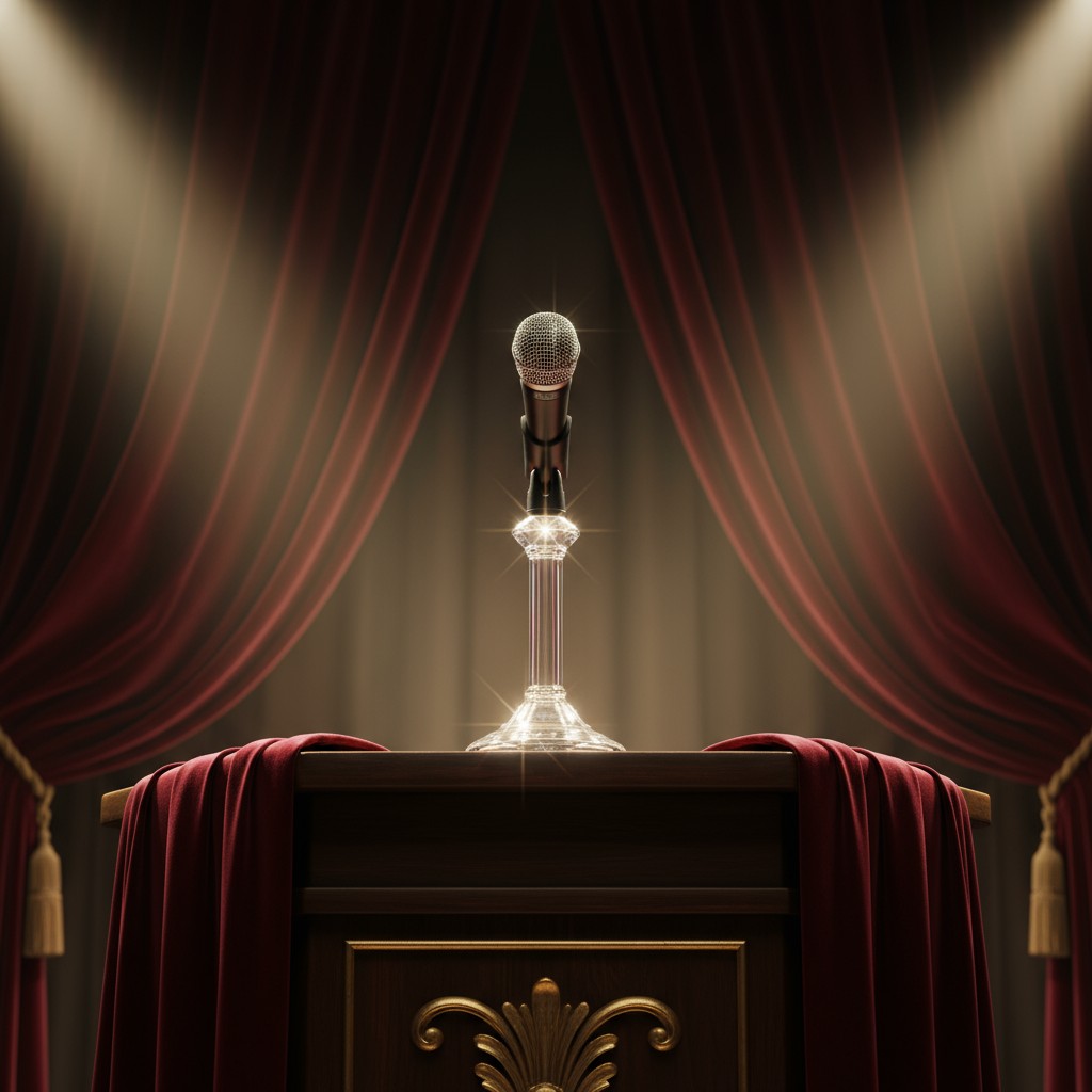 A microphone stands atop a podium adorned with a red curtain, bathed in radiant light.