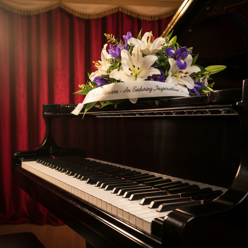 A black piano adorned with a bouquet of white lilies and purple flowers. The piano features silver keys and has a "Miraeva...