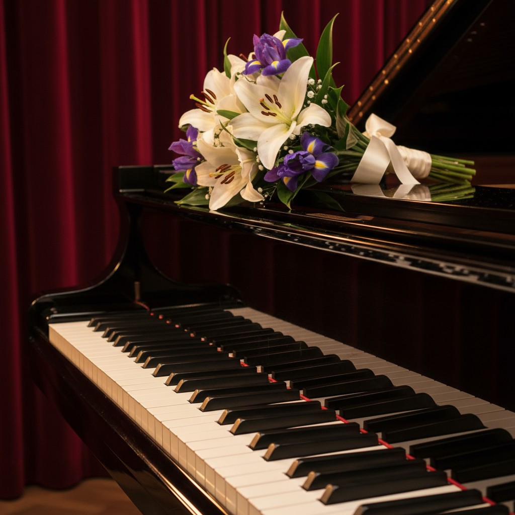 A close-up image of piano keys at the bottom with a white and purple flower bouquet resting atop a long black piano.