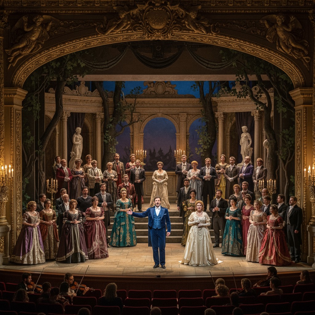 At the conclusion of an interval, the entire cast and orchestra remain on stage while the audience applauds.